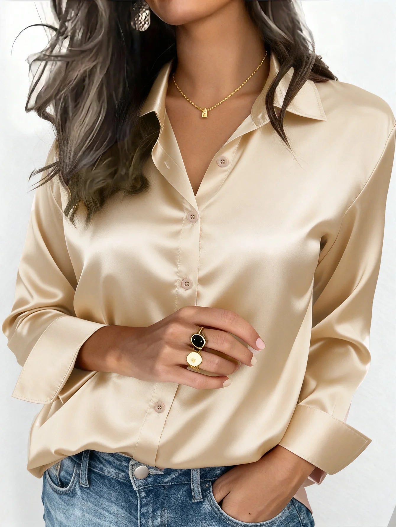 Elegant Satin Button Up Blouse For Office Or Casual Wear