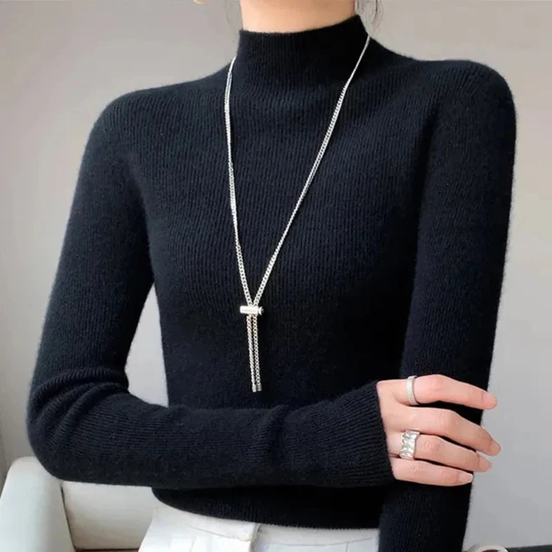 Solid Half Turtleneck Knit Sweater Women Harajuku Korean Thick Knitwear