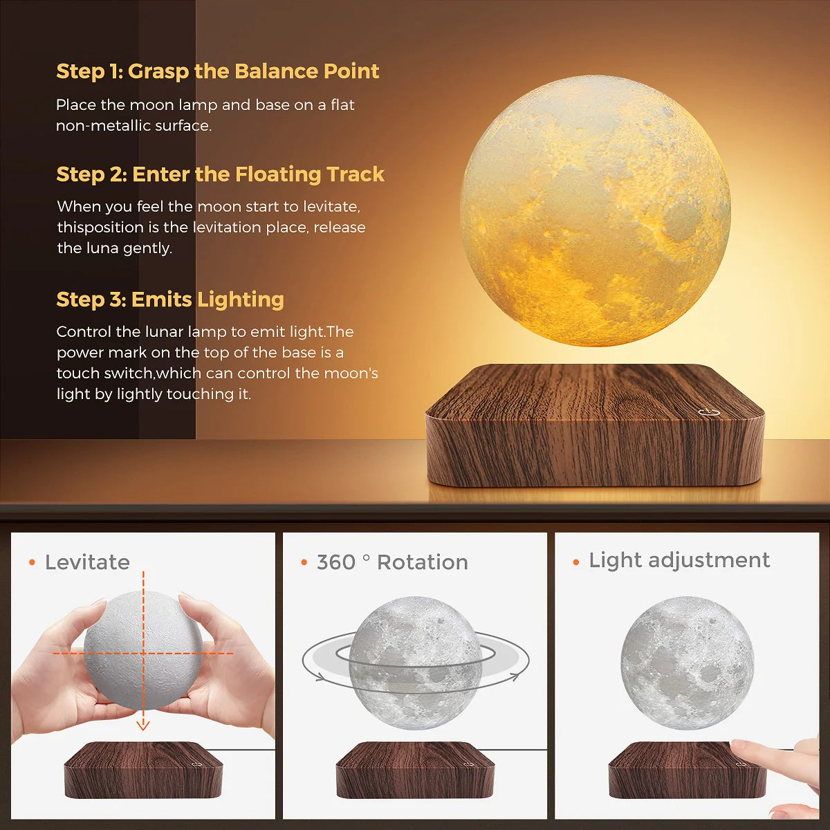 Mexllex Magnetic Moon Lamp Floating With Wooden Base