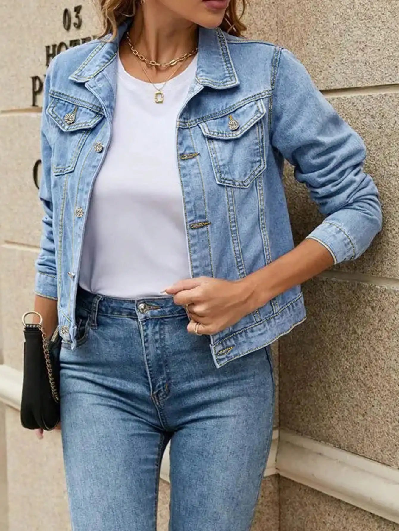 Womens Denim Jacket With Single Button Pockets Casual Everyday Wear