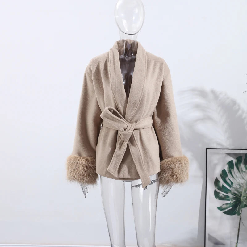 Chin.Sweety Women Chic Lapel Plush Faux Fur Coat With Belt