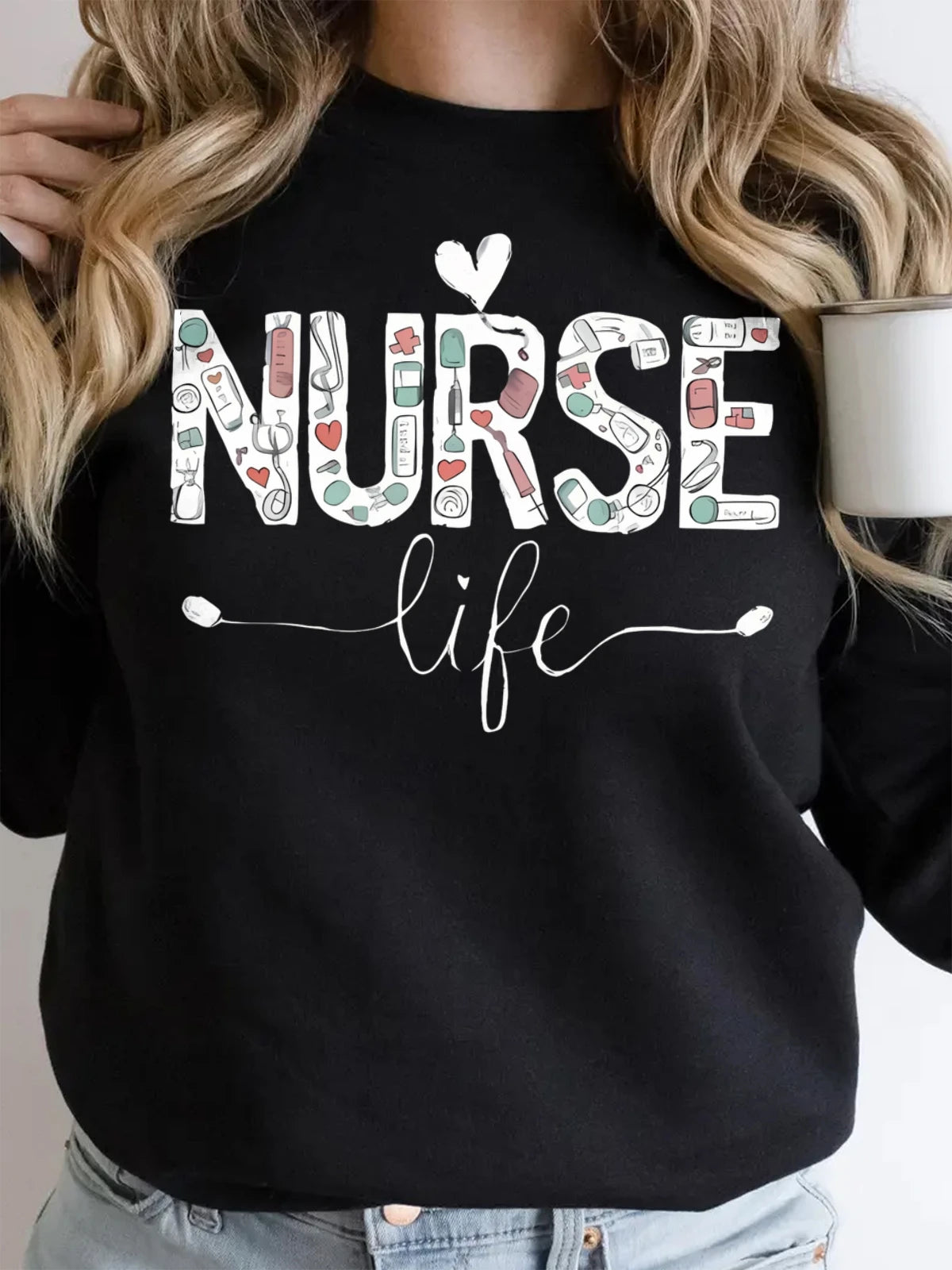 Cotton Crew Neck Sweatshirt Women Nurse Life Print Hoodie