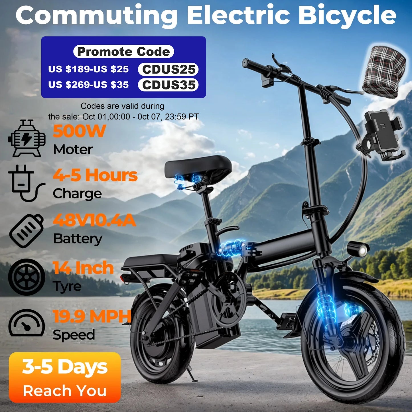 LELEKUAI 500W Folding Electric Bike 20 MPH 48V Battery