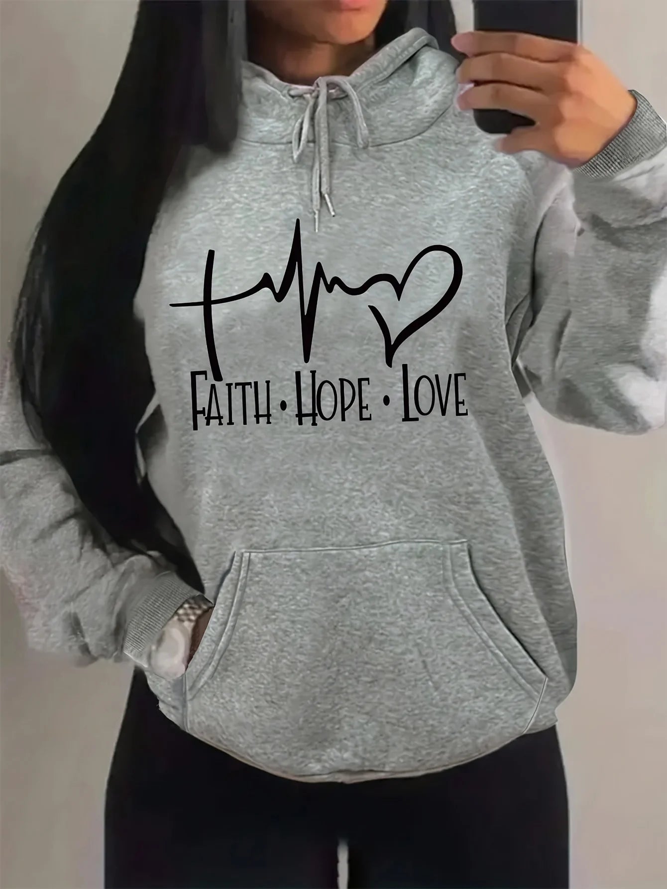 Closure Cozy Heart Print Hoodie With Drawstrings Sweatshirt