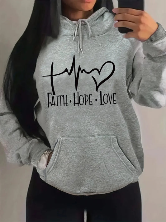 Closure Cozy Heart Print Hoodie With Drawstrings Sweatshirt