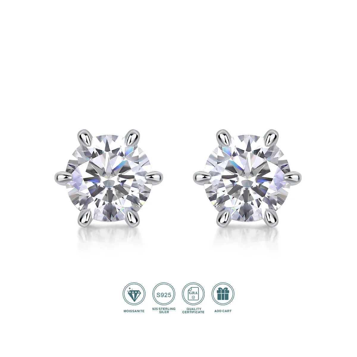 JIUZUAN Moissanite 6-Prong Stud Earrings 925 Sterling Silver Gold Plated