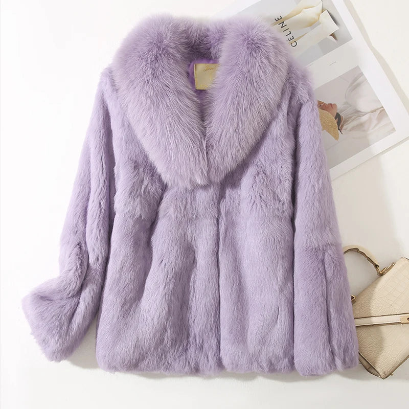 CN Zhejiang Real Rabbit Fur Coat With Luxury Fox Collar