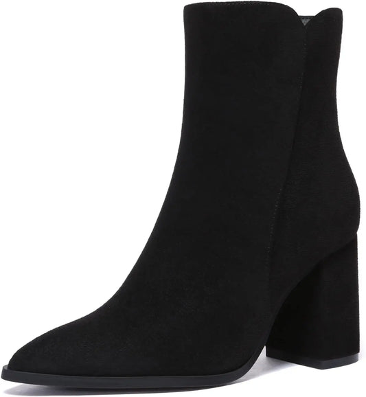Women's Heeled Ankle Boots Fashion Pointed Toe Chunky Block Heel Side Zipper Short Booties