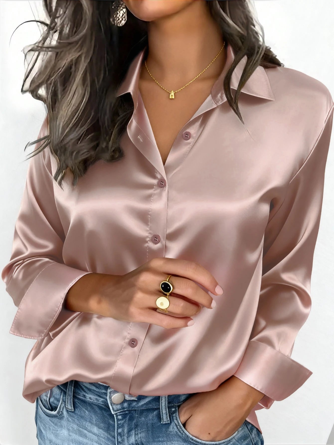 Elegant Satin Button Up Blouse For Office Or Casual Wear