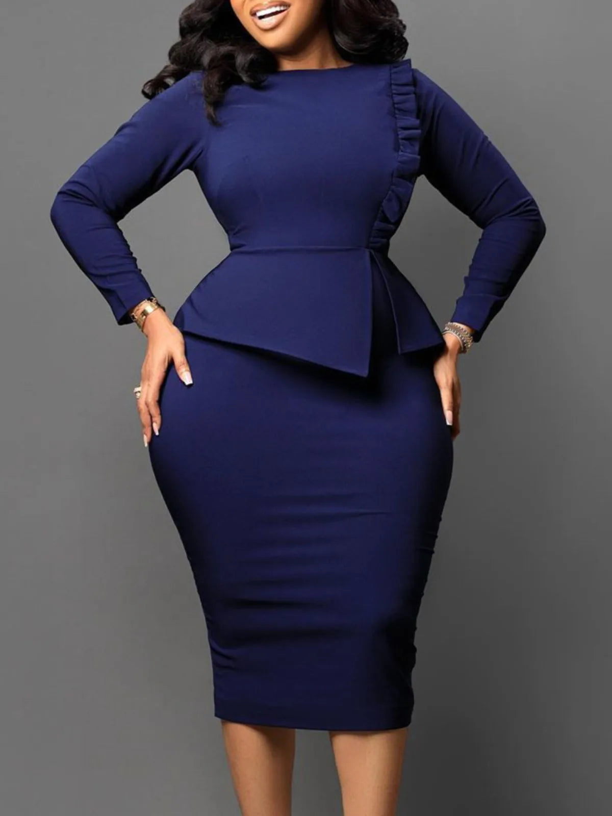 Women Ruffle Long Sleeve Hip Hugging Dress