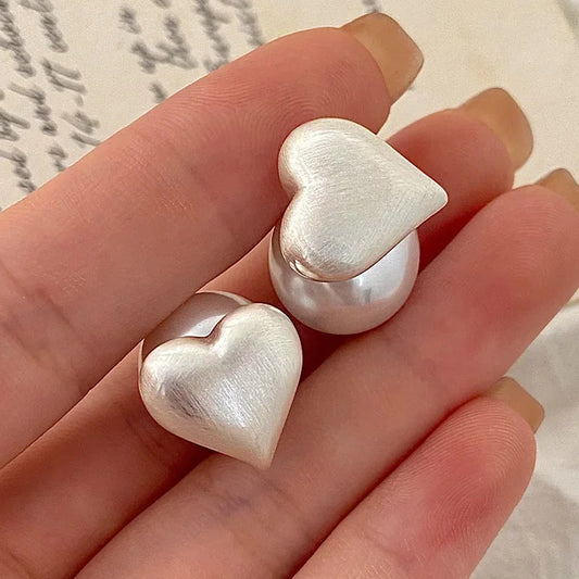 Minimalist Pearl 925 Sterling Silver Heart Stud Earrings