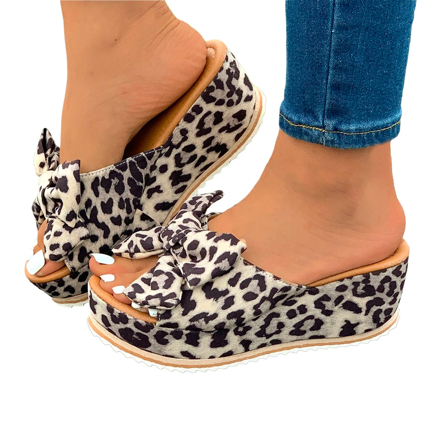 Women Shoes Summer Fashion Modern Slippers Outdoor Simple Princess Beach Slippers Women Bow Tie Wedge Leopard Ladies Shoes