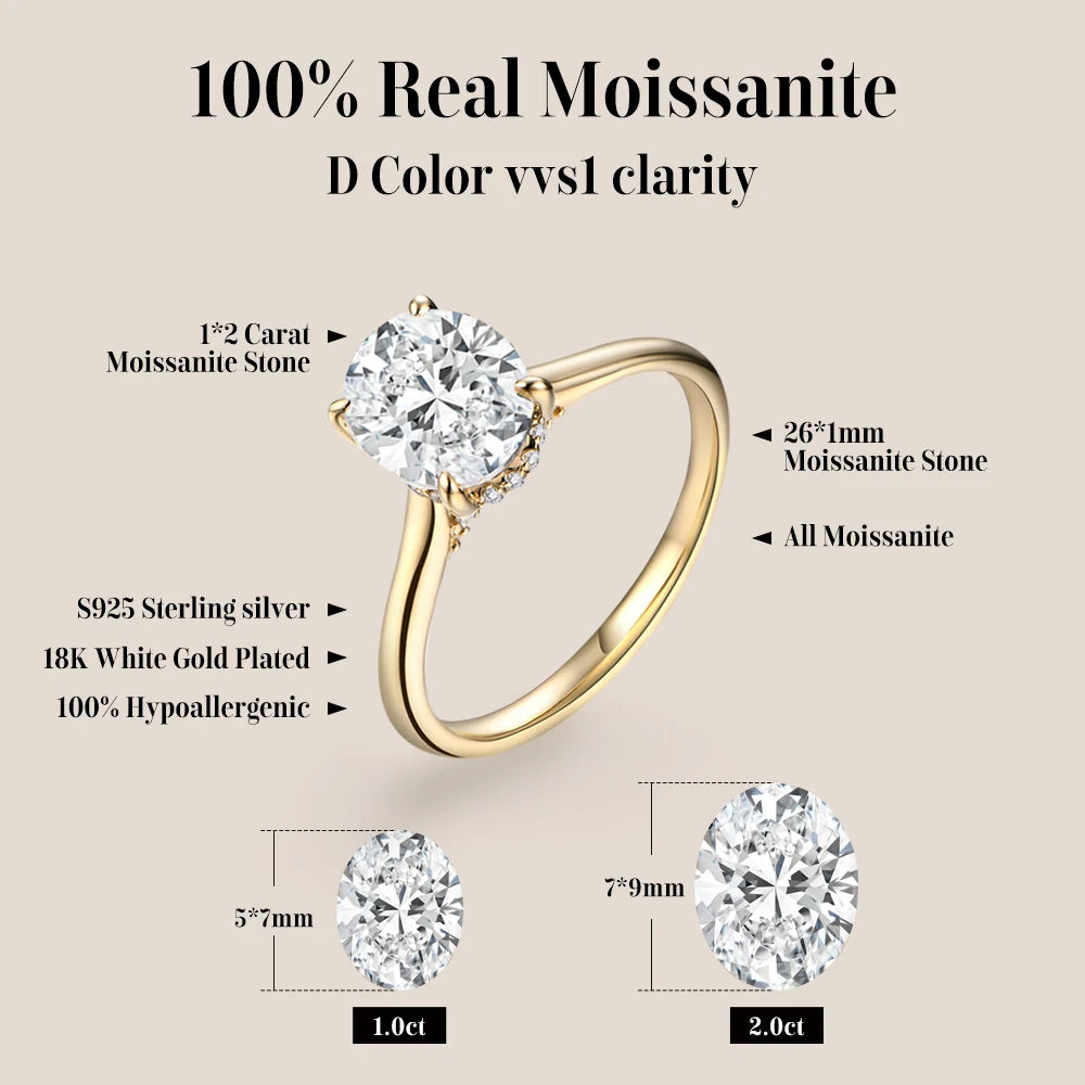 ATTAGEMS Moissanite Ring 925 Sterling Silver Women Wedding Jewelry