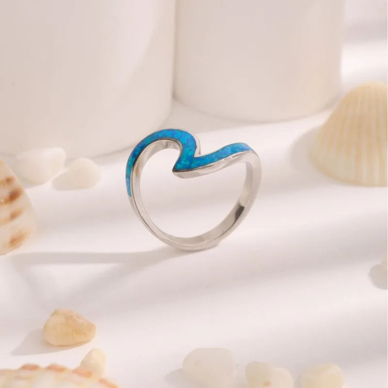 NONECN 925 Silver Epoxy Opal Blue Line Womens Ring Elegant