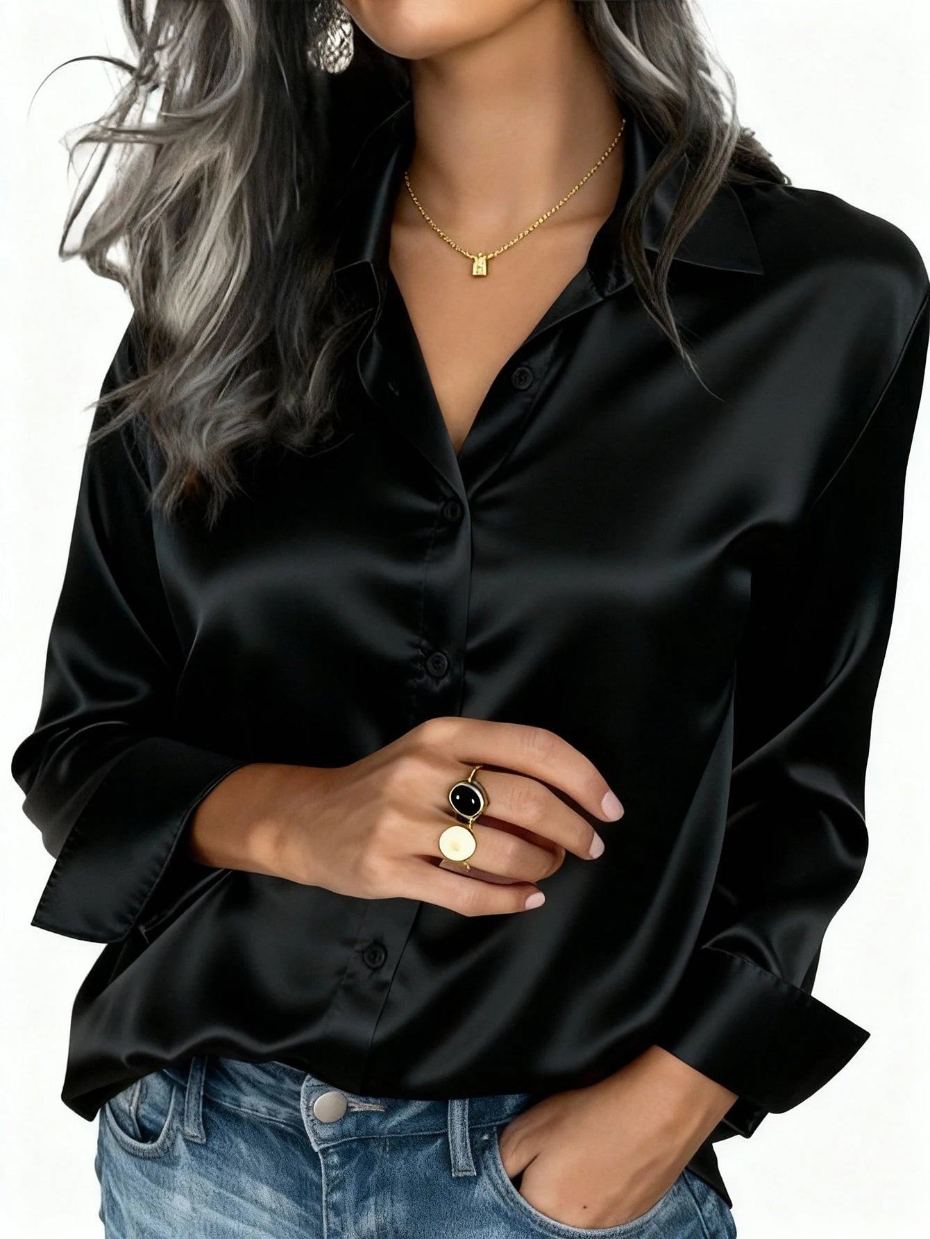 Elegant Satin Button Up Blouse For Office Or Casual Wear