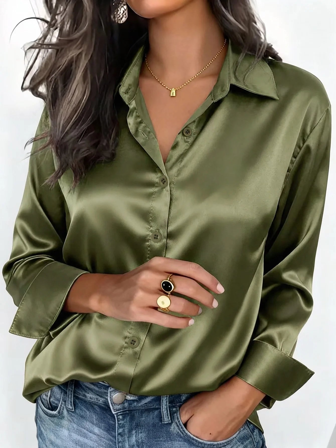 Elegant Satin Button Up Blouse For Office Or Casual Wear