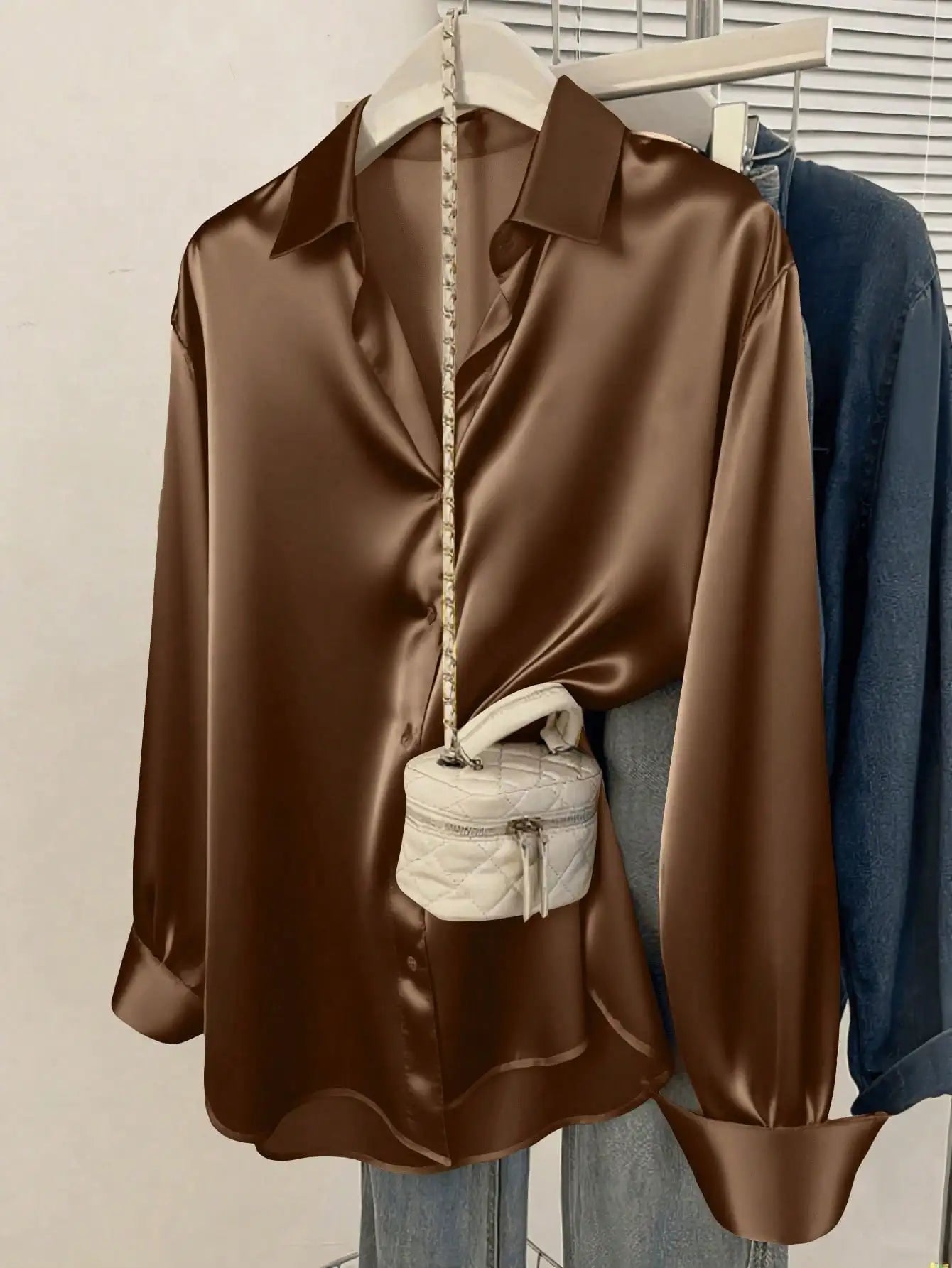 Elegant Satin Button Up Blouse For Office Or Casual Wear