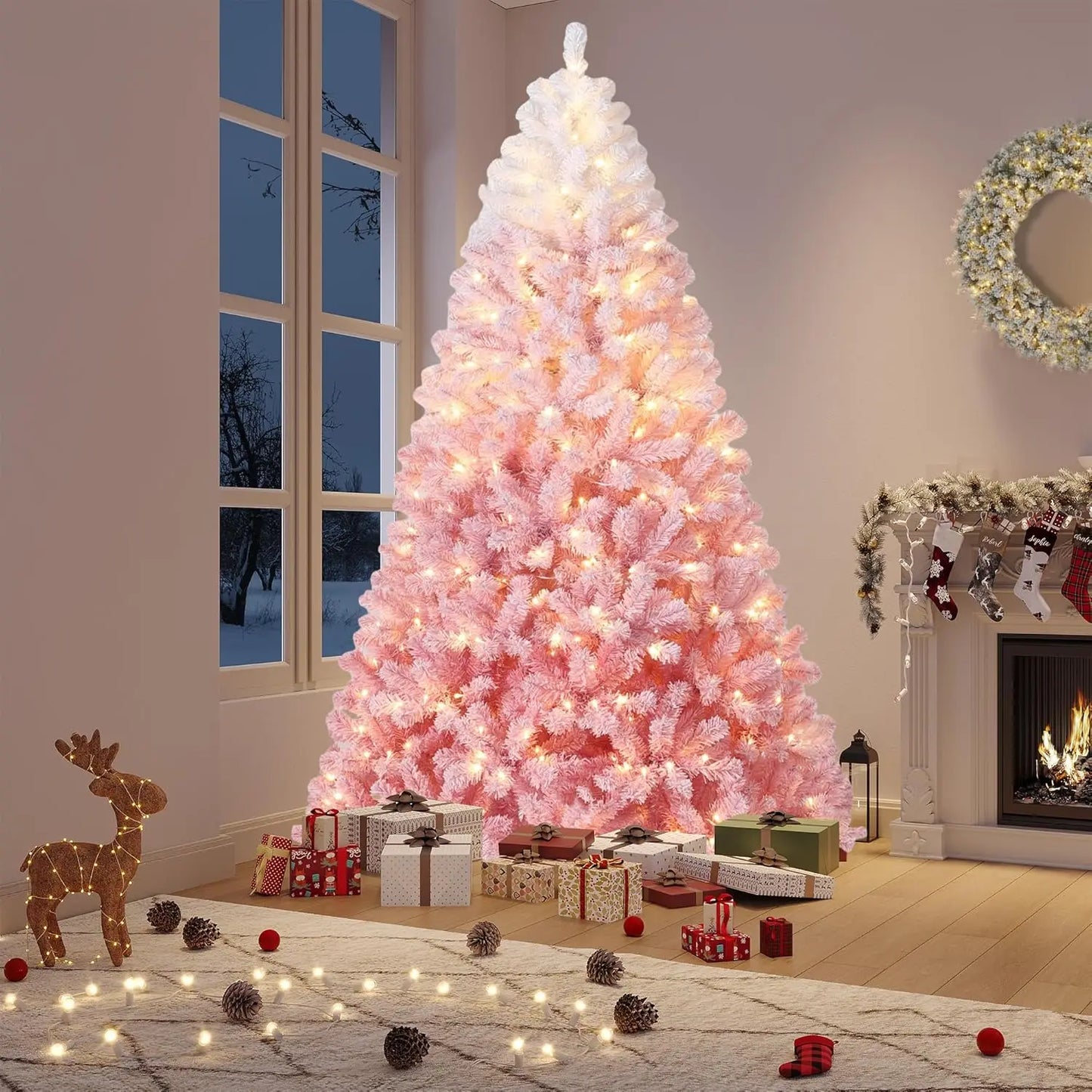 Pre Lit Flocked Artificial Christmas Tree With Lights For Home