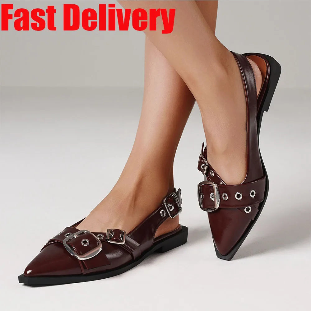 Fashion Womens Mary Jane Flats Pointed Toe Metal Buckle Slingback Falts Luxury Casual Low Heel Shoes Women