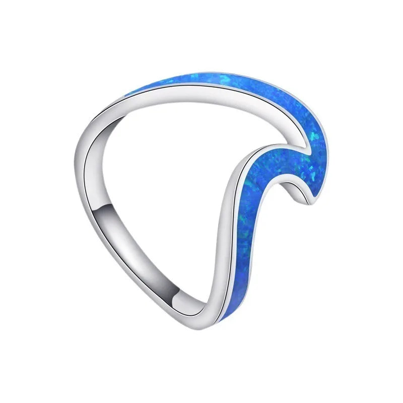 NONECN 925 Silver Epoxy Opal Blue Line Womens Ring Elegant