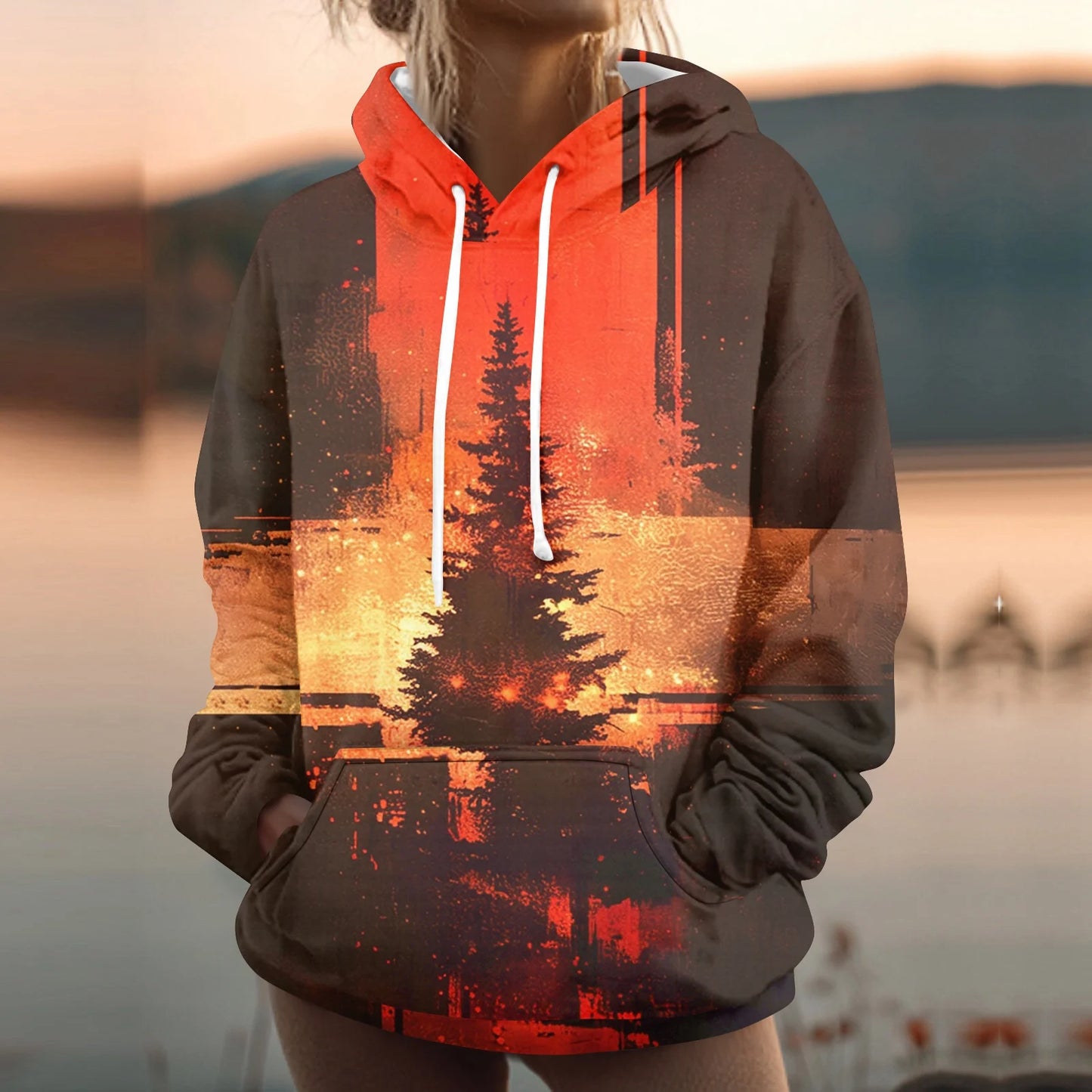 Womens Hooded Sweatshirt Printed Casual With Pockets