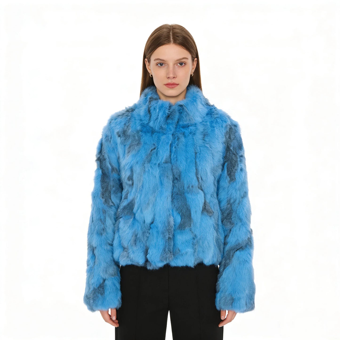 Tonfur Mandarin Collar Rabbit Fur Patchwork Coat For Women