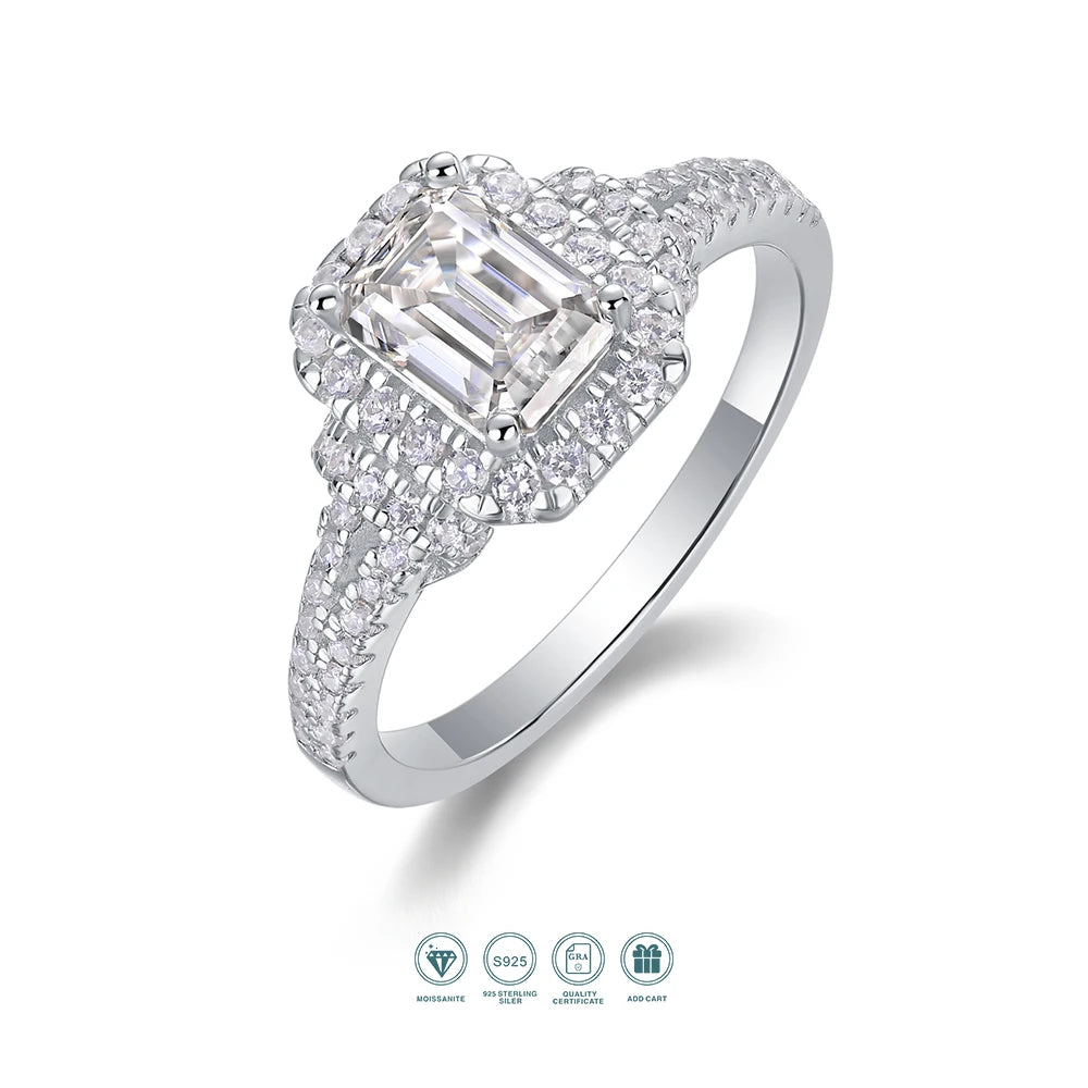 1pc Moissanite Ring 925 Sterling Silver 18K Gold Plated Rectangle Stone Halo Design Wedding Gift Comes with GRA Certificate