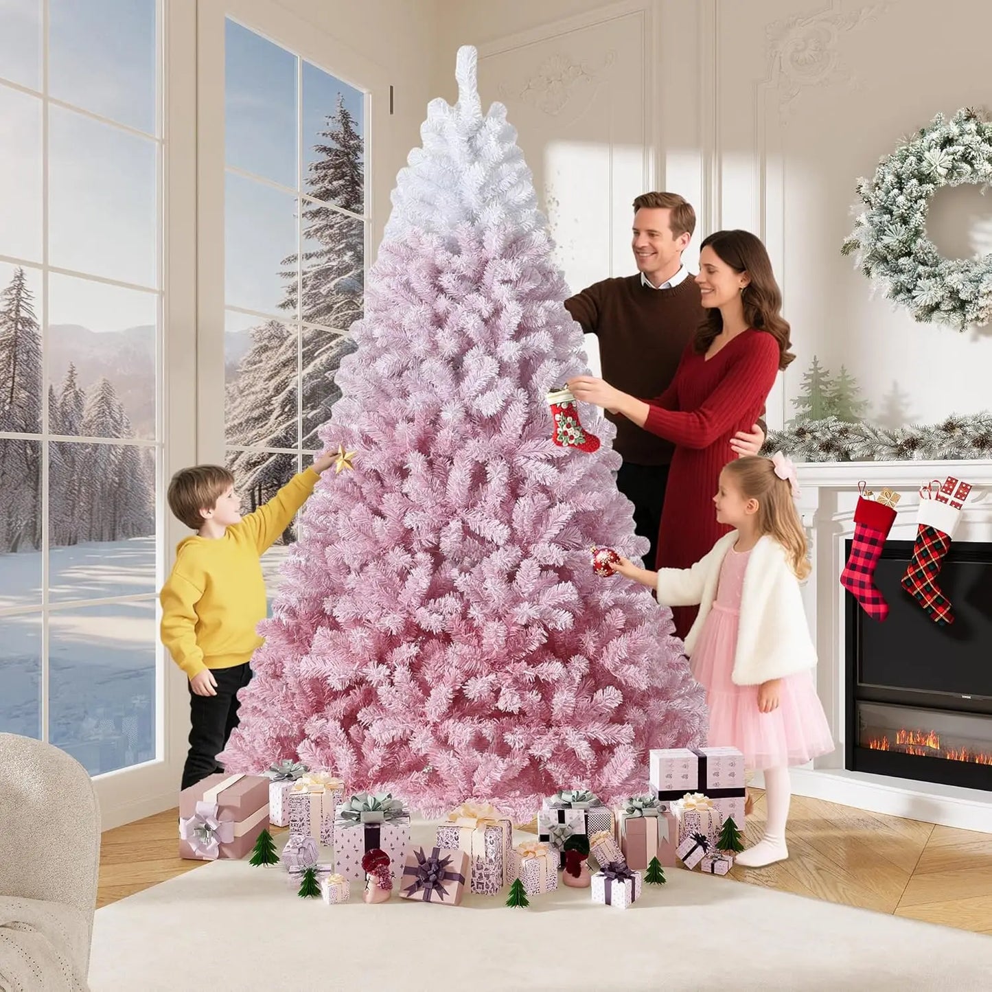 Pre Lit Flocked Artificial Christmas Tree With Lights For Home