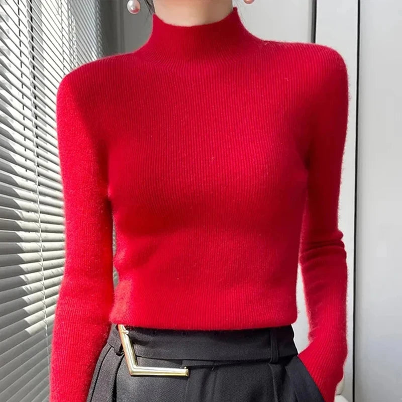 Solid Half Turtleneck Knit Sweater Women Harajuku Korean Thick Knitwear